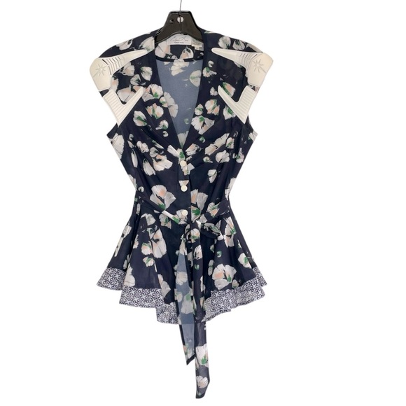 Byron Lars Navy Blue and White, Peach and Green floral sleeveless top size 6 - Picture 1 of 10